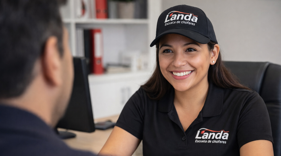 Una secretaría de la Escuela de Choferes Landa atendiendo a un cliente o alumno